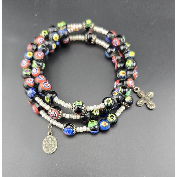 Multi-Layer Murano Millefiori? Glass Beaded Wrap Bracelet W/ Religious Charms - Picture 3 of 9